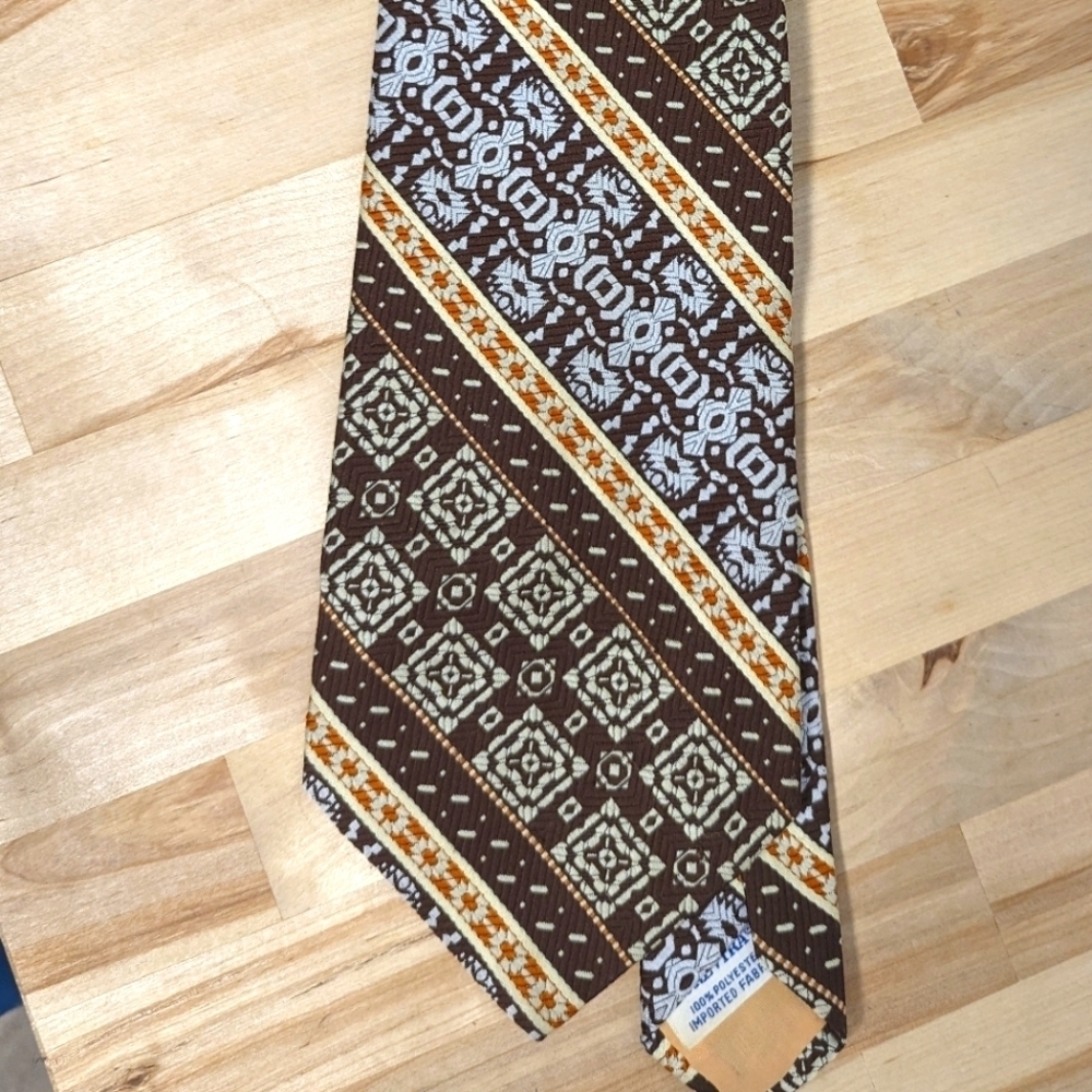 Vintage Wide 1970s tie Woven Repp Stripe Brown Blue Geometric Unique